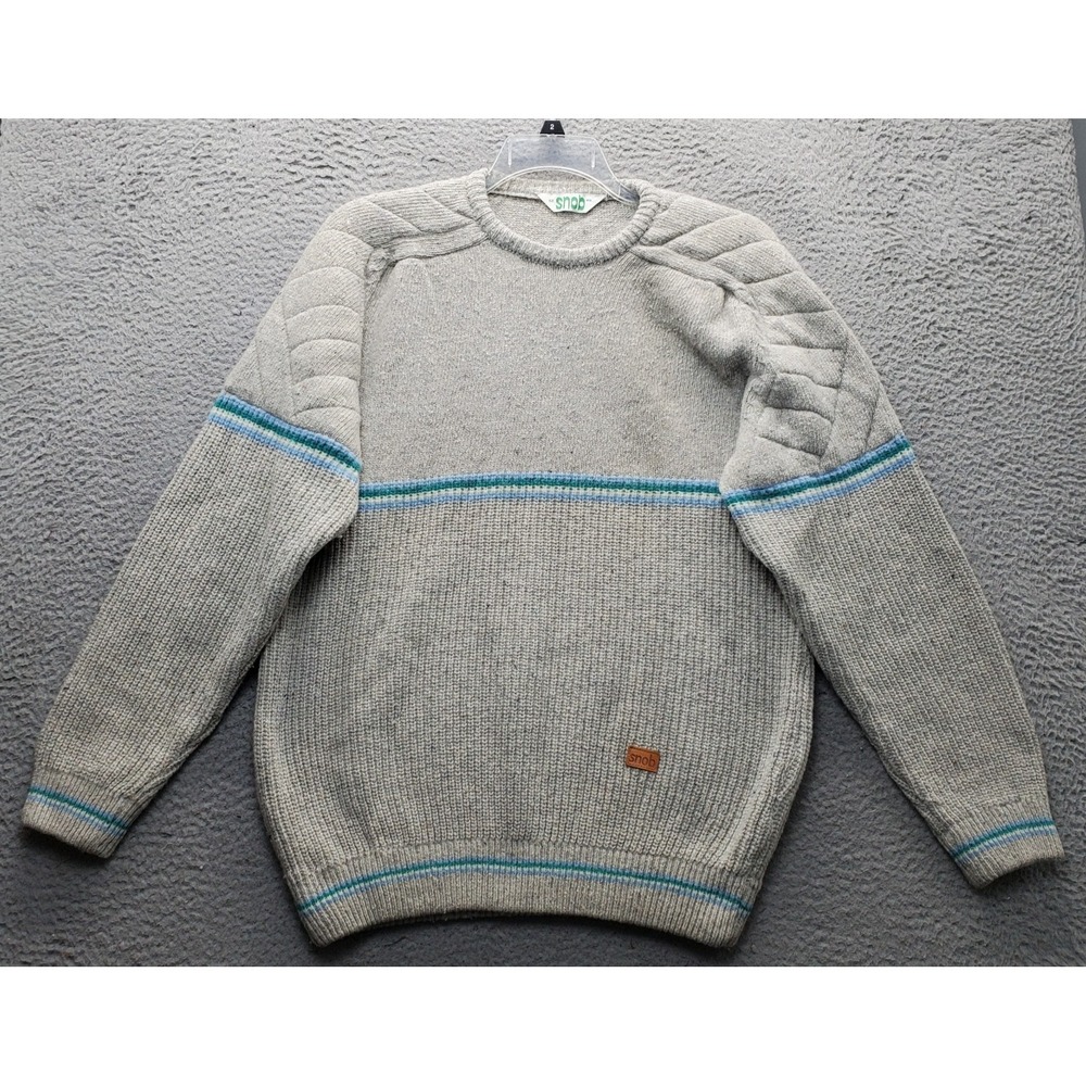 Vtg 80's Snob Sweater Mens L Multi Wool Knit Long Sleeve Elbow Patch Crew Neck